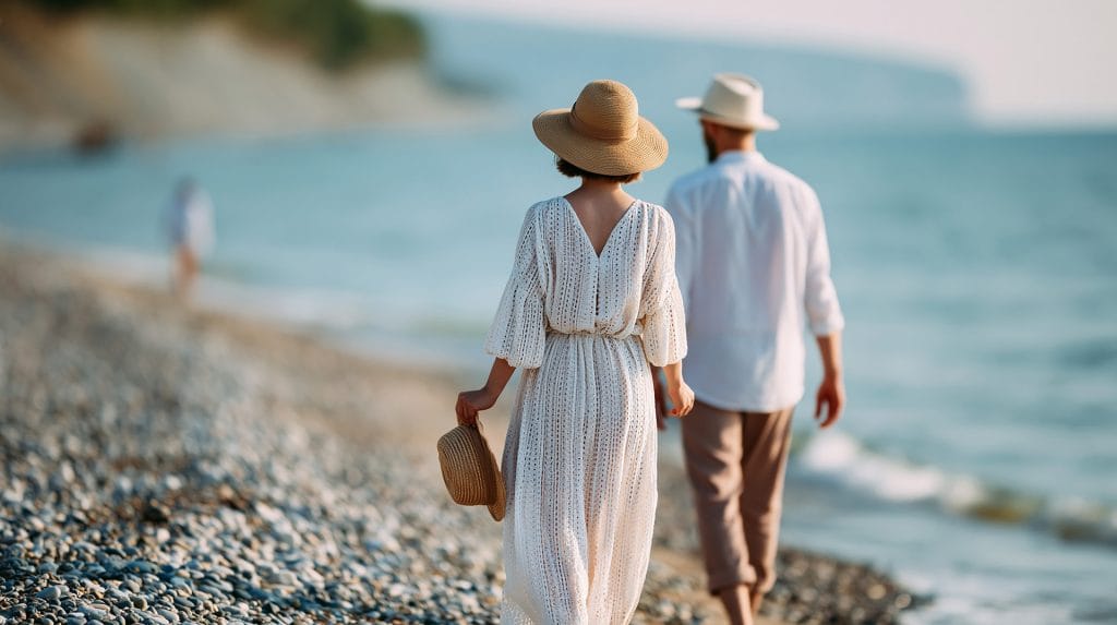 Faceless young couple walking on beach near sea, summer vacation